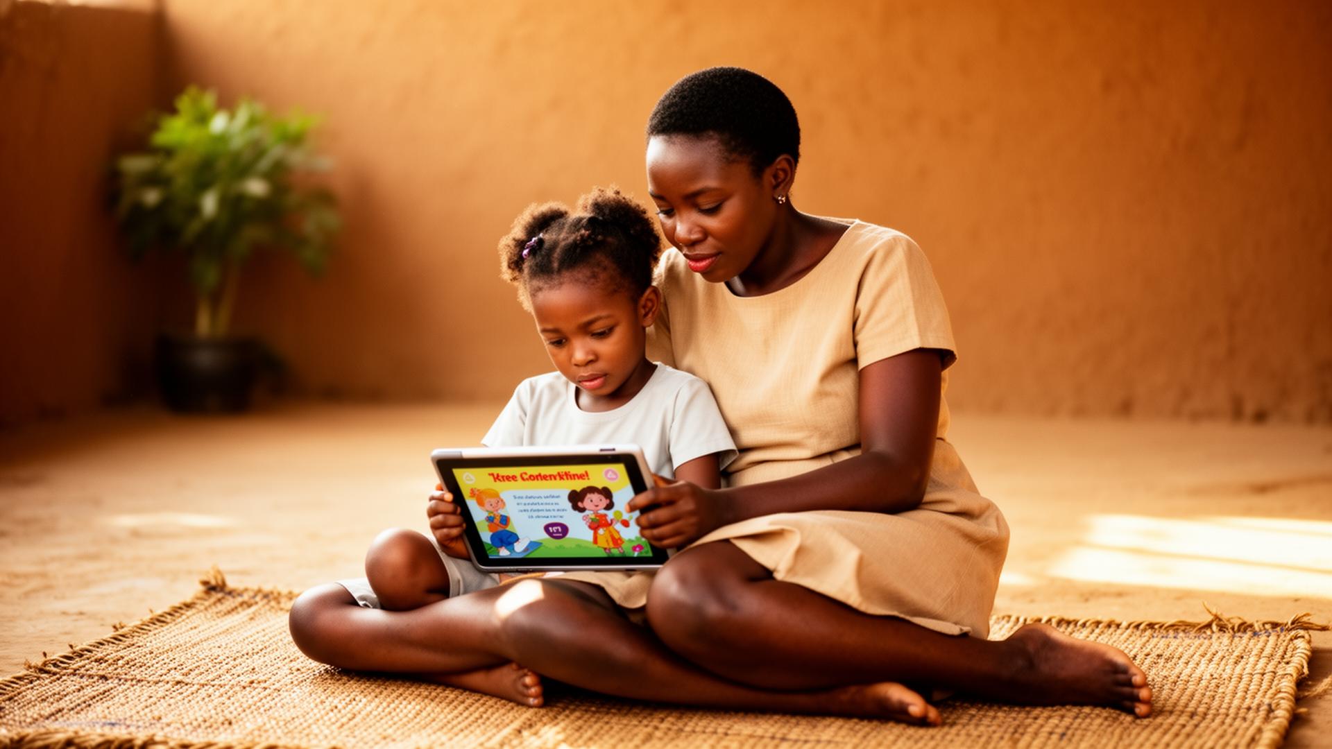 A mother and her young daughter learning together on a tablet in warm morning light